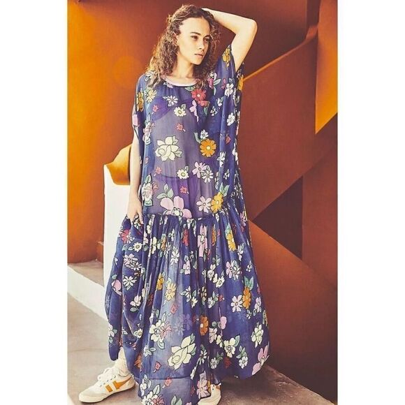 Free People Mina Maxi Dress Crepe Chiffon Floral Print Short Sleeves Size XS - Picture 2 of 6